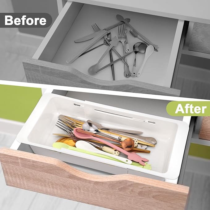 Booson 4 PCS Deep Drawer Organizer Bin Adjustable Sliding Drawer Organizers Expandable Kitchen Organizer Trays for Home Office Makeup Storage Tools