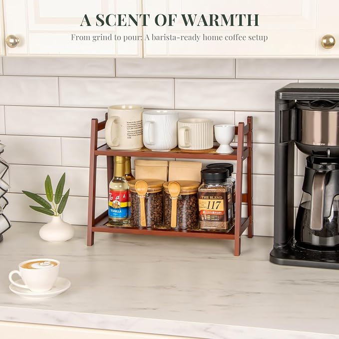 ANBOXIT Matcha Station Organizer, Countertop Bamboo Coffe & Tea Station | Rattan-Look 2 Tier Mug Holder Display Stand for Kitchen Condiment, Coffee Accessories, Home, Office - Brown