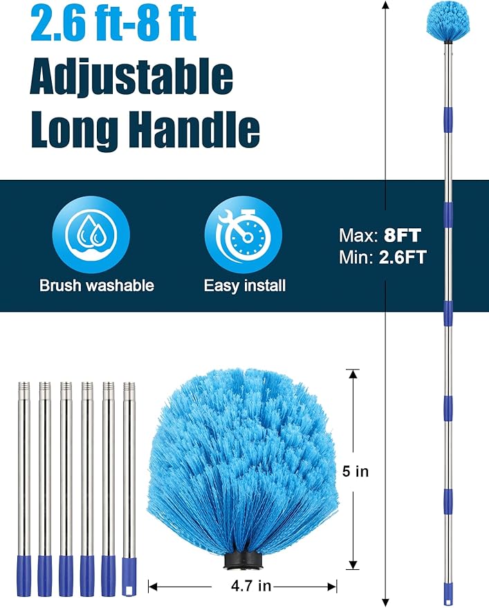 Cobweb Duster with Extension Pole, 8 ft Spider Web Brush for Outdoor House Cleaning, Cob Web Remover for High Ceilings Fans, Medium-Stiff Bristles Round Head, Steel Long Handle, Lightweight Cleaner