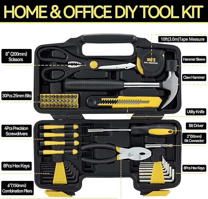 MARTCOLOR 58 Piece Household Tool Set, General Household Hand Tool Kit with Plastic Toolbox Storage Case, All Purpose Household Tool Kit for Home, Garage, Office and College Dormitory Use, Yellow