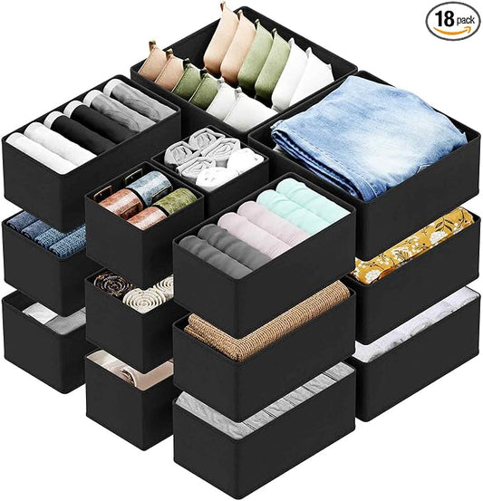 SpaceAid Drawer Organizer for Clothes, 18 Pack Dresser Drawer Organizer Bins, Closet Organizers and Storage Dividers for Clothing, Underwears, Socks (Black)