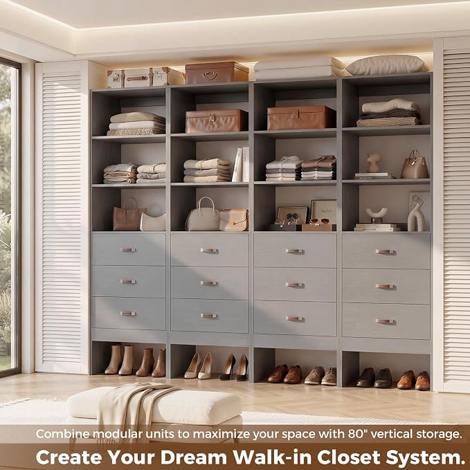 8FT Closet System with Leather Handles, 96" Walk-in Closet Storage Unit with Cabinet, Wood Wardrobe Closet Organizer and Storage with 12 Drawers, Set of 4, Grey