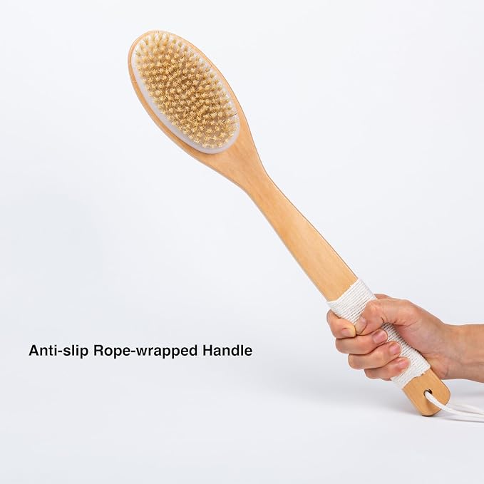 MtBoi Dual-Sided Back Scrubber - Long Bamboo Handle Shower Brush with Anti-Slip Grip, Stiff Natural Boar Bristles for Deep Exfoliation & Soft Nylon Bristles for Gentle Care, Wet/Dry Brushing