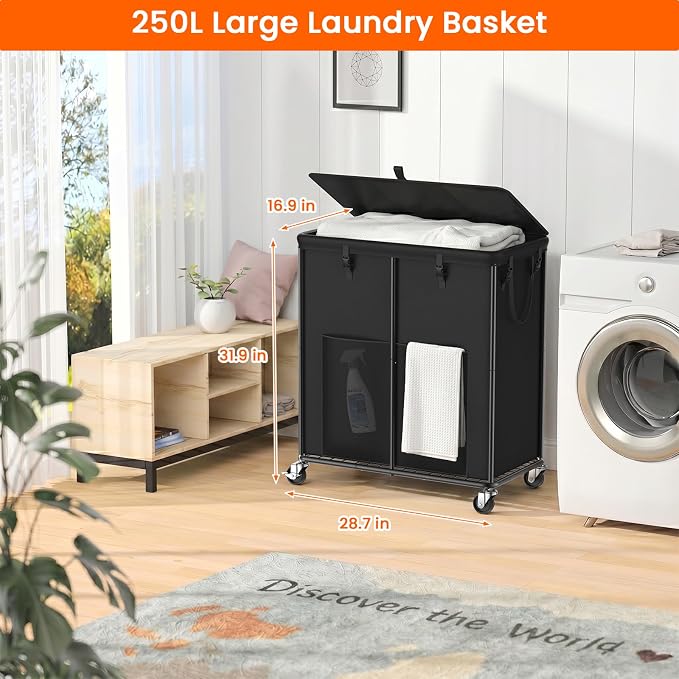 250L Laundry Hamper with Lid & Wheels, Rolling Laundry Basket with Bag | Sturdy Metal Frame | Laundry Bag with Handles| Large & Tall Clothes Hampers for Laundry Room, Bedroom, Dorm, Bathroom-Black