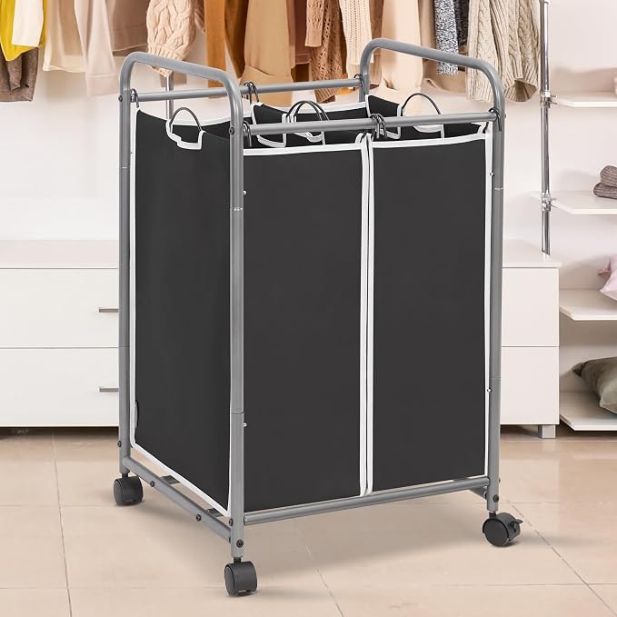 STORAGE MANIAC Laundry Sorter 2 Section, 90L (23.7Gal) Laundry Hamper with Wheels, Clothes Basket Separator Sorter, 2 Bag Cart and Removable Bags for Closet, Dorm, Collage, Black