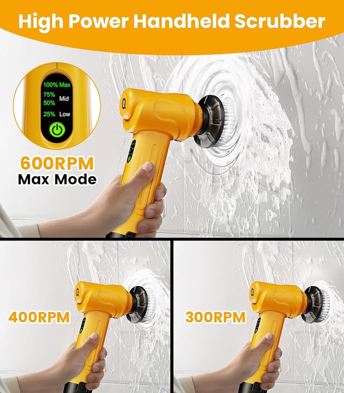 Battery Electric Spin Scrubber Q4, Handheld Scrubber for Cleaning with Display, Power Dish Scrubber with 5 Heads, Shower Cordless Cleaning Brush for Bathroom/Sink/Window