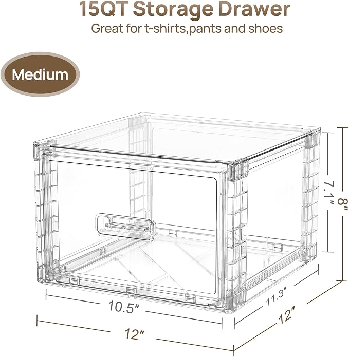 Vtopmart 4 Pack Clear Stackable Storage Drawers 15QT, Easily Assemble Closet Organizers,Plastic Storage Bins for Bathroom,Cabinet,Kitchen Pantry,Under Sink Organization(Medium)