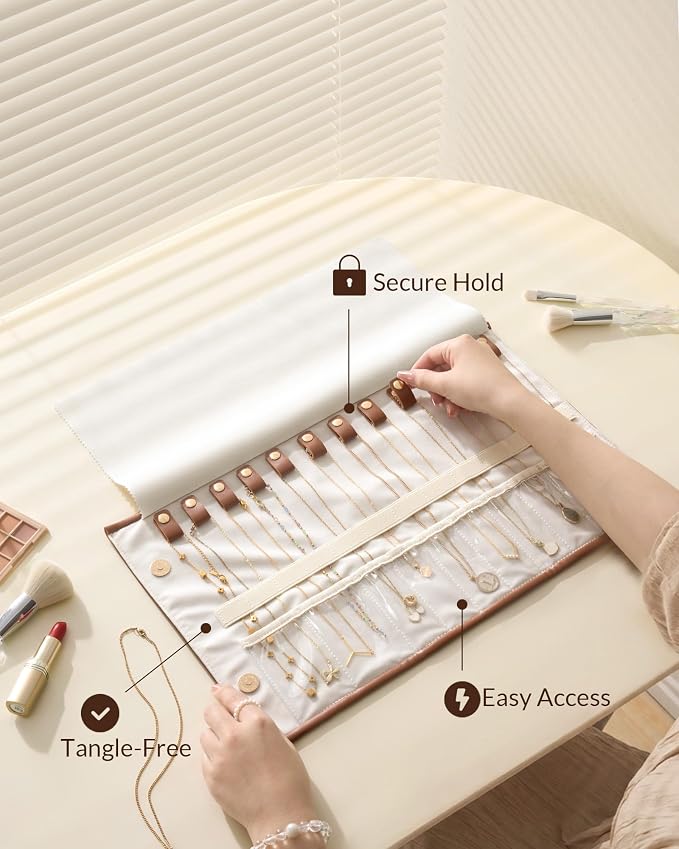 Lolalet Travel Necklace Organizer, Foldable Jewelry Case, Caramel, 12 Slots | Tangle-Free, Roll Up, PU Outer, Velvet Lining, Space-Saving, for Chains Bracelets, Gift for Women Girls Daughters Friends