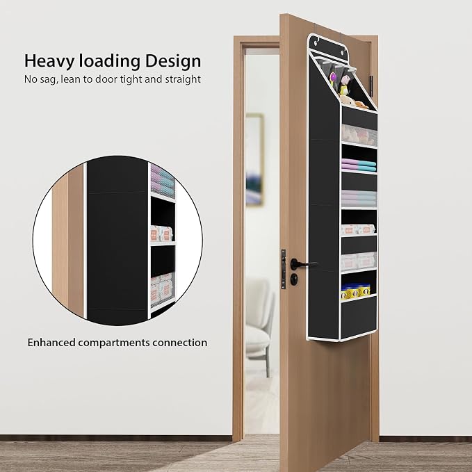 Univivi 5-Shelf Fabric Door Storage Over Door Hanging Organizer with 4 Large Pockets and 3 Small PVC Pockets Nursery Closet Cabinet Wall Mount Hanging Storage Organizers for Baby Nursery (Black)