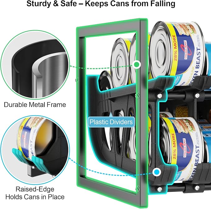 iSPECLE Can Organizer for Pantry - Auto-Rolling, Expands to Hold 60 Cans | Stackable For Walk-in Deep Pantry Shelve, Adjustable Width for Food Cans, Sturdy Metal Frame, Easy Access & Restocking, Black