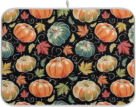 Fall Pumpkin Dish Drying Mat for Kitchen Maple Leaves Black Microfiber Drying Mats Absorbent Reversible Dish Pad Medium Dish Draining Mat 16x18 inch