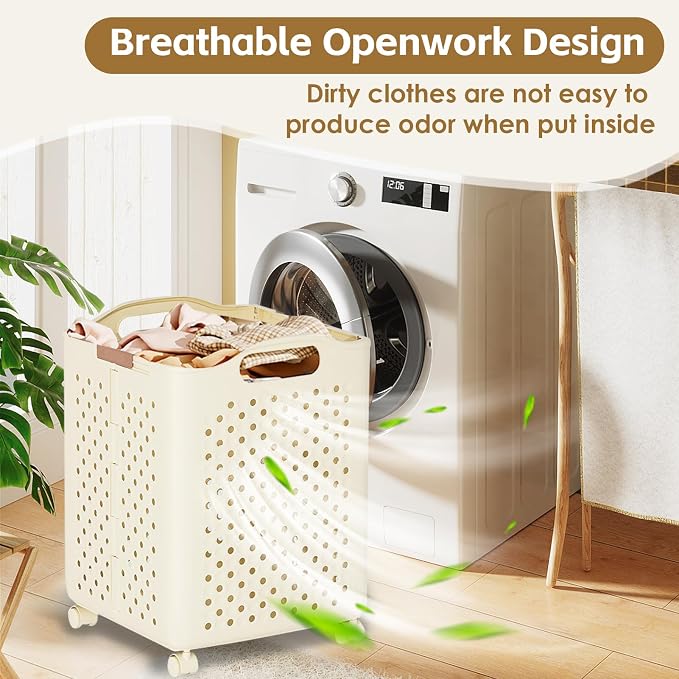57L Collapsible Laundry Basket with Wheels, Laundry Basket Collapsible, Foldable Laundry Baskets with Handles, Dirty Clothes Hamper for Dorm, Bedroom and Bathroom (Pearl White)