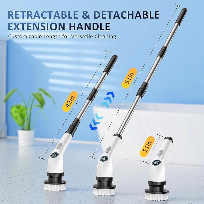 Electric Spin Scrubber Upgraded Battery with Extra-Long Runtime, IPX7 Waterproof Power Cleaner with 7 Brush Heads, 2 Speeds Adjustable Long Handle for Bathroom, Floor, Shower, Tile & Kitchen Cleaning