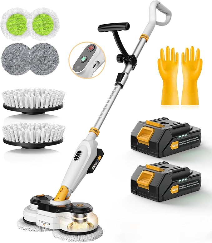 qimedo Battery Electric Mop M3, 800RPM Cordless Electric Power Scrubber & Mops for Floor Cleaning, Best Automatic Spin Mops with Smart Display,Rotating Mop with LED Light & Water Spray