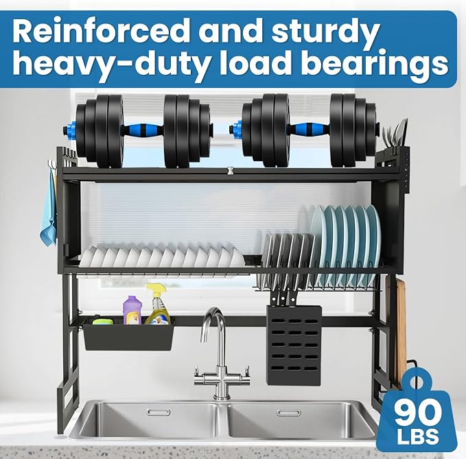 Over the Sink Dish Drying Rack – 3 Tier with Cover, Space-Saving Dish Drainer Organizer for Dishes, Glasses, Bowls & Cutlery, Tidy Kitchen Counter Storage Solution