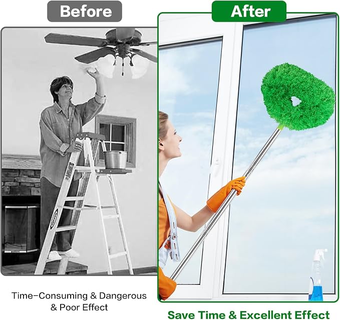 Ceiling Fan Cleaner Duster Reusable Microfiber Ceiling Fan Blade Cleaner Removable Duster with Extension Pole Adjusts 13 to 49.7 Inch for Cleaning Walls Bookshelves Furniture Door Window Top (Green)