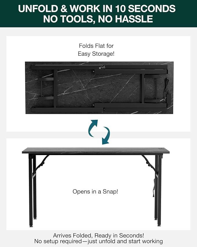 Frylr Small Folding Computer Desk – 55.1 Inch Portable Table for Craft and Study, Lightweight Desk for Small Spaces, Foldable Laptop Table Built-in AC/USB Outlets for Convenience, Marble Greige