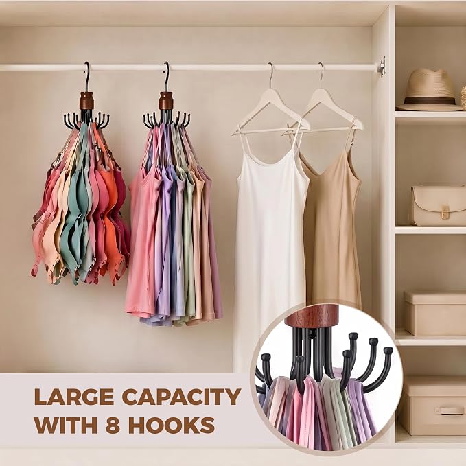 Bra Hanger for Closet Organizer, Space Saving Wooden Tank Top Hangers with 8 Foldable Hooks & Holds 24 Items, 360° Rotating Storage for Bras, Scarves, Belts, Ties and More