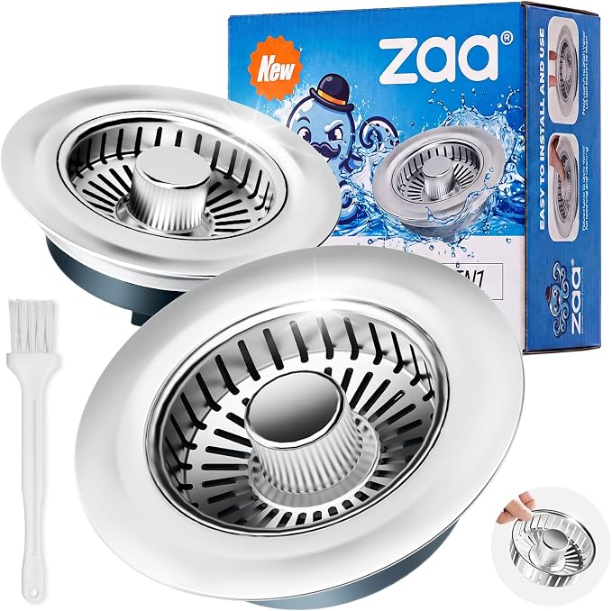 Upgraded 3 in 1 Kitchen Sink Drain Strainer & Sink Stopper, Stainless Steel Kitchen Drain Plug & Sink Installation Parts with Anti-Clogging Basket, Fit US Standard 3-1/2'' Sink Drain Hole
