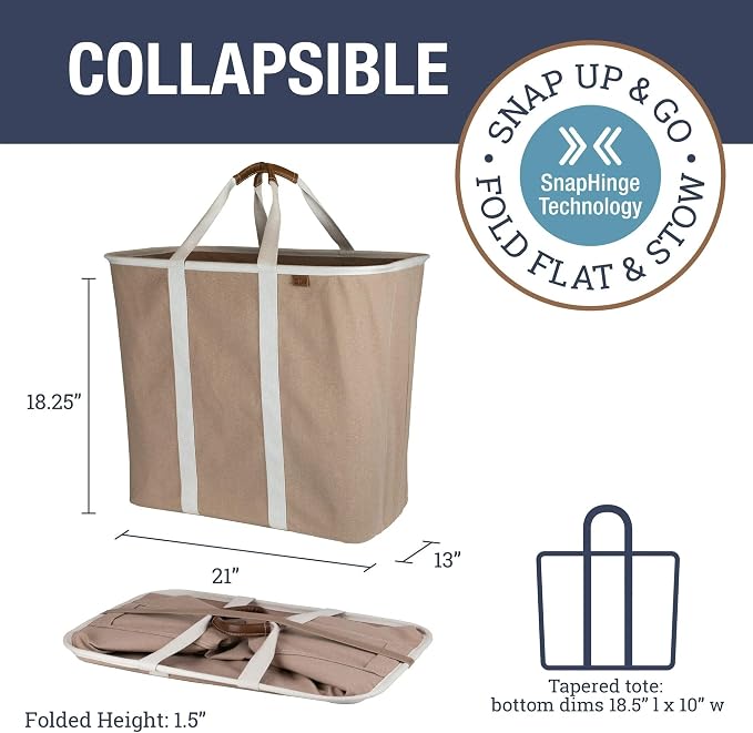 CleverMade LUXE Collapsible Laundry Caddy, 64L, 2 Pack, Mocha | Refined fabric and vegan leather details suit open rooms. The structured frame carries 2 loads and folds flat for storage.