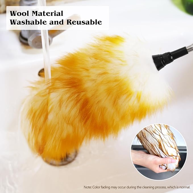 Lambswool Extendable Cleaning Duster 26-64 Inch Two-Pack, Anti-Static Wall Duster Cleaner with Sponge Grip and Stainless Steel Extension Pole for High Ceiling Fan, Interior, and Roof Dusting