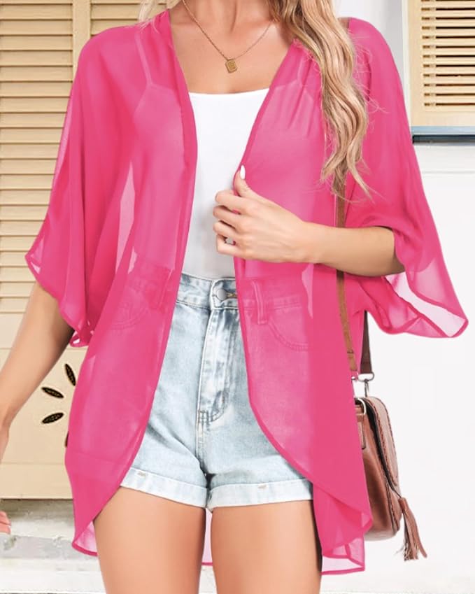 Women Kimono Cardigans Summer Cover Up Hawaiian Shirts Floral Print Tops | ROSEMIA chiffon kimono open front cardigans, beach cover ups, daily casual tops, cruise outfits, summer resort wear