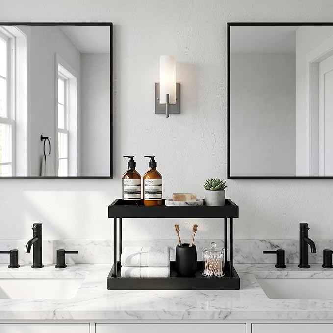 WOPITUES Bathroom Counter Organizer,2 Tier Perfume Organizer,Wooden Bathroom Organizers and Storage for Makecup Perfume Skincare,Countertop Organizer in Kitchen,Bedroom,Coffee Bar,Black