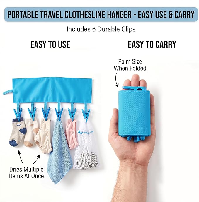 Mini Clothespins Travel Hangers 3-Pack Solid Blue, Foldable Portable Clothes Hangers with 6 Non-Slip Clips for Socks Swimsuit Towel Drying Rack, Cruise Dorm Camping Travel Essentials