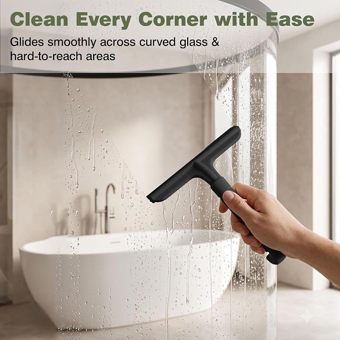 Roylvan Silicone Shower Squeegee, All-in-One Shower Squeegee for Glass Doors with Built-in Hook, Household Window Mirror Cleaner for Bathroom Glass Kitchen Tile Wall Car, Black