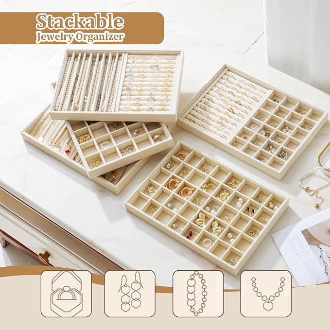Large Velvet Jewelry Tray 2 Pack Stackable Jewelry Display Drawer Inserts Trays Organizer for Earring Bracelet Necklace Ring (Beige, 35 Grids)