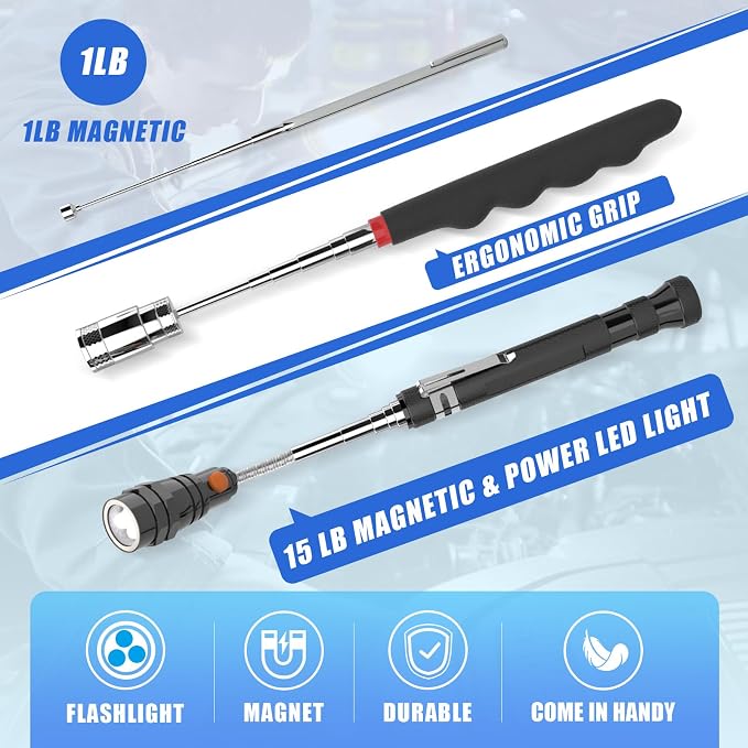 5 PCS Magnetic Pickup Tool Set, 1lb & 15lb Pick Up Rod, Magnetic Flashlight Pickup Tool, Round and Square 360 Swivel Adjustable Inspection Mirror, Mens Gifts for Him, Birthday Gifts for Men Women Dad