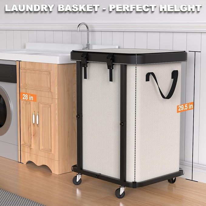 Laundry Basket with Wheels,150L Leather Patchwork Rolling Hamper Carts | Sturdy Metal Frame, Removable Washable Bag, Tall Clothes Sorter for Bedroom, Laundry Room - Beige