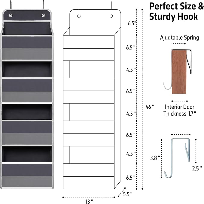TYMENSH Gray Over Door Organizer with 4 Large Clear Pockets, Neutral Hanging Door Storage for Closet, Bathroom, Bedroom, Dorm, Nursery, Toys, Toiletries, Baby Essentials
