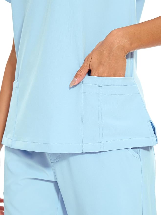 Scrubs Tops for Woman - Soft Stretch, V-Neck Tops | 3 Pockets, Side Split Design, Short Sleeve, Breathable & Lightweight Nursing Shirt, Easy-Care Fabric for All-Day Comfort