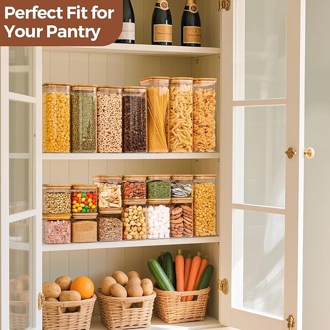 ComSaf Glass Spaghetti Pasta Storage Containers with Lids 2.2 Qt Set of 3, Tall Clear Airtight Food Storage Jar with Lid for Noodles Flour Oat Cereal Sugar Beans, Square Spaghetti Pantry Containers
