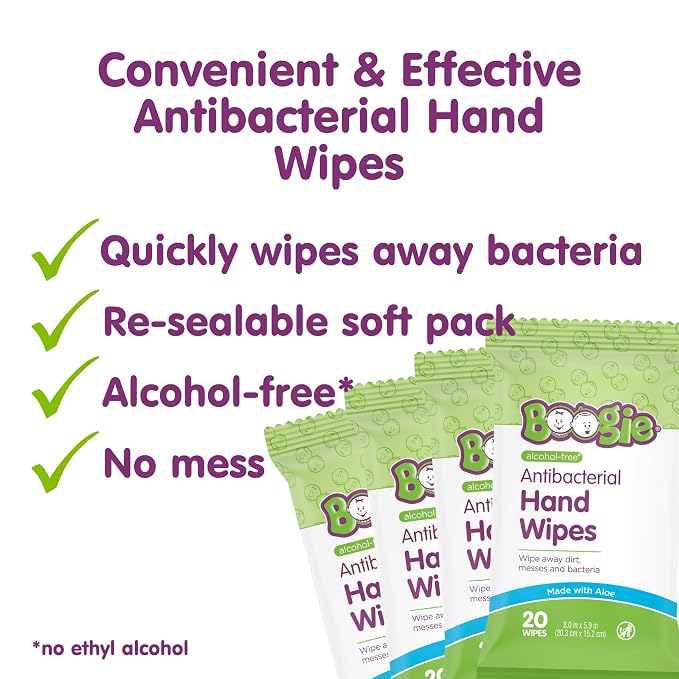 Boogie Antibacterial Hand Wipes - 100 Count - Hypoallergenic & Alcohol-Free - Travel and Diaper Bag Essential