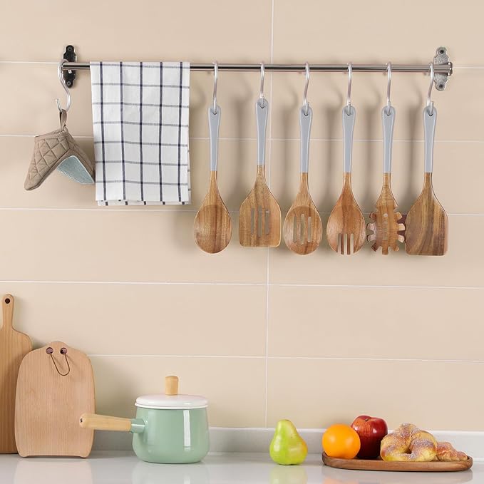 Wooden Spoons For Cooking, 6 Pieces Natural Acacia Wooden Cooking Utensils or Non-Stick Wooden Kitchen Utensil Set for Kitchen Essentials, Wood Cooking Utensils Set with Hanging Hole, Grey