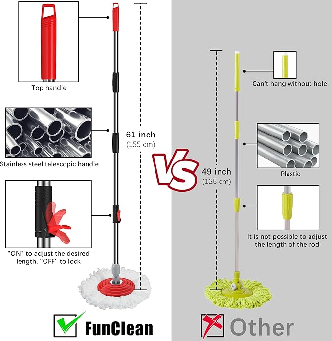 Stainless Steel Extendable Mop Handle with 2 Microfiber Replacement Heads & 360° Rotating Base Plate — Fits Standard Mop Buckets - Black