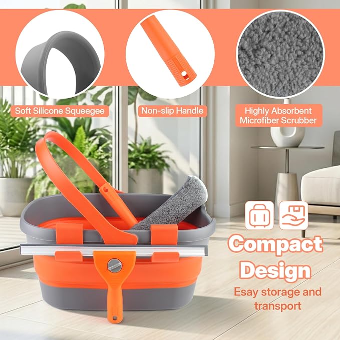 Window Cleaning Kit with Collapsible Bucket 3 Gallon, 14" Window Squeegee and 15" Scrubber with 61" Long Handle, Professional Window Washing Kit Cleaner Tool for Home Outdoor Office Commercial Use