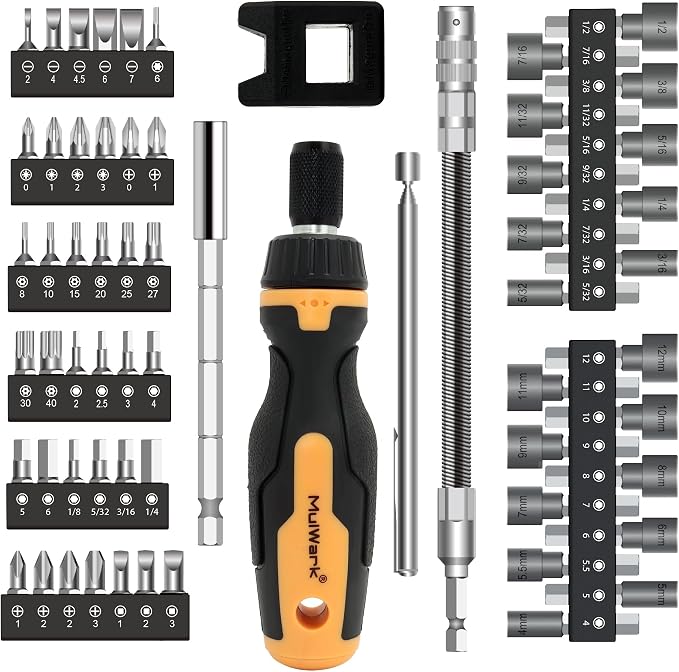 MULWARK Screwdriver Bit Set & Socket Kit, 63-Pieces Ratcheting Screwdriver Set with Case, 63 in 1 Multi Bit Screw Driver for Home DIY, Electronics, Car Emergency and Garage