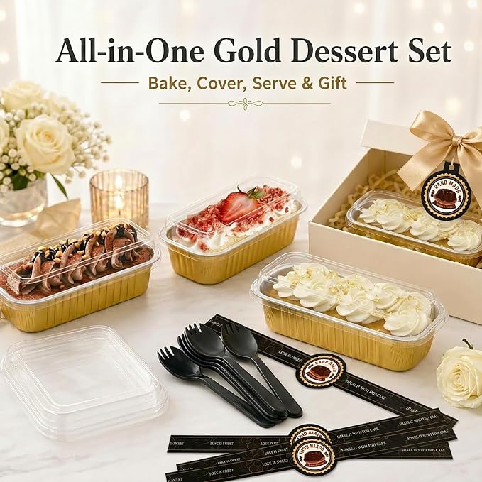 YQER 100 Pack Gold Mini Cake Pans with Lids and Spoons, 6.8 oz Disposable Aluminum Foil Mini Loaf Pans with Stickers, Individual Elegant Dessert Cake Tins Containers for Weddings, Parties, Bake Sales