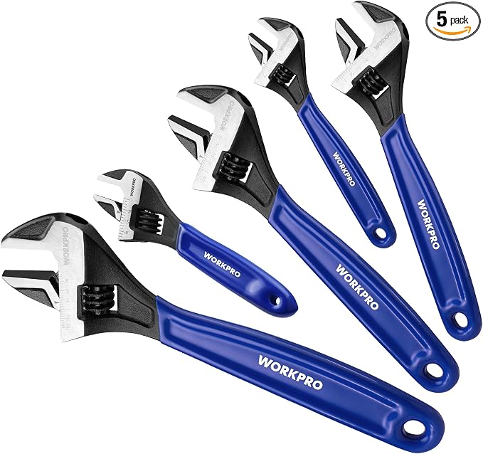 WORKPRO 5 PCS Adjustable Wrench Set, 4", 6", 8", 10" 12" Wide Jaw Wrenches | Cr-V Steel Wrenches with Black Oxide Finish, Metric & SAE Scales for Home, Garage and Workshop Use