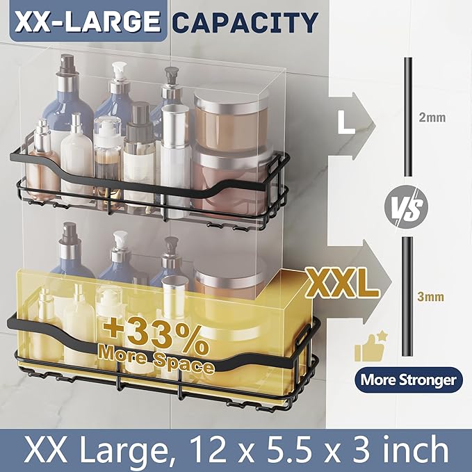 OMAIRA 3-Pack Shower Caddy with Soap Holder, Adhesive Rustproof No-drill Strudy Loading Inside Shower Organizer Shelves Rack Storage Bathroom Organization for Smooth Wall Glass Tile, Black (X-Large)
