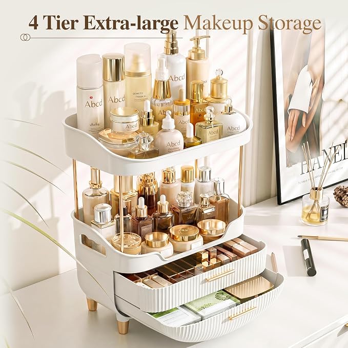 caktraie 4-Tier Makeup Organizer Bathroom Countertop Storage White | Versatile Storage for Vanity, Desk, Bedroom, Holds Lipstick, Perfume, Skincare, Mask, Cosmetics