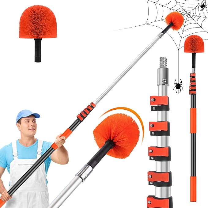 30FT Reach Cobweb Duster with Extension Pole,Spider Web Brush for Cleaning | Web Cobweb Duster with 5-24FT Telescoping Pole,5-Stage Lightweight & Sturdy Telescopic Pole for Outdoor Indoor Use