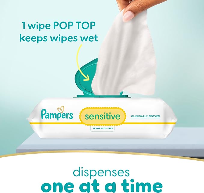 Pampers Sensitive Baby Wipes, Clinically Proven, Fragrance Free, Unscented, Water Based, Hypoallergenic, Multi-Use, Hand Wipes 168 Wipes Total (2X Flip-Top Packs) [Packaging May Vary]