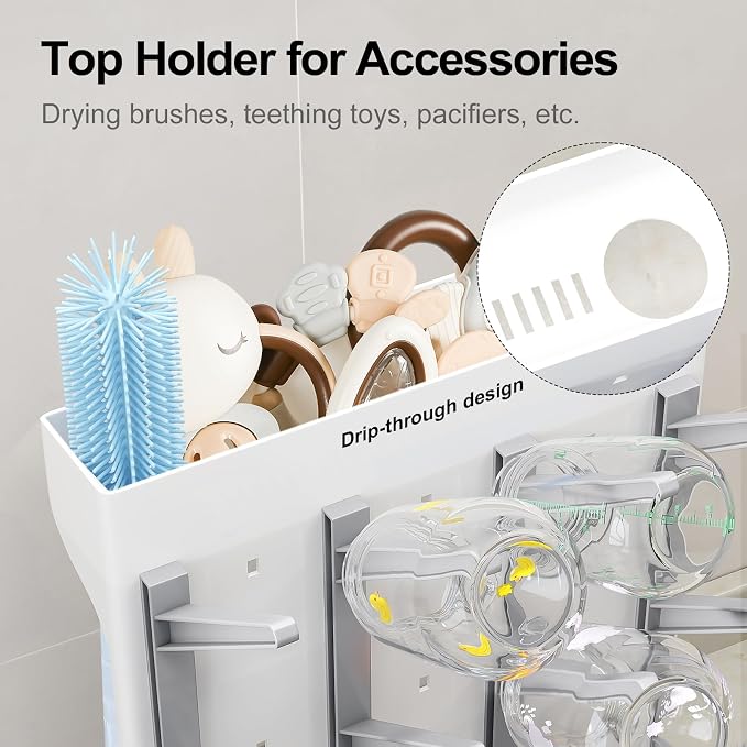 GoMaihe Baby Bottle Drying Rack: Space Saving Vertical Bottle Dryer Holder | Newborn Accessories Storage Stand Organize Brushes Pacifiers on Countertop - BPA-Free - Gray