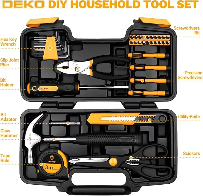 DEKOPRO 39-Piece Household Tool Kit for Women, Basic Hand Tool Set with Plastic Toolbox Storage Case, Small Starter Tool Box Set for Home Repairs, DIY Projects, Crafts and Dorm Essentials - Orange