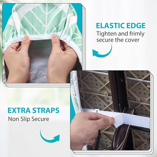Seiritex Wide Ironing Board Cover and Pad 18 x 49 inch Heat Reflective with Hook and Loop Fasteners, Thick Padding with Elasticized Edges, 3 Layers Iron Board Cover (Green Leaf)