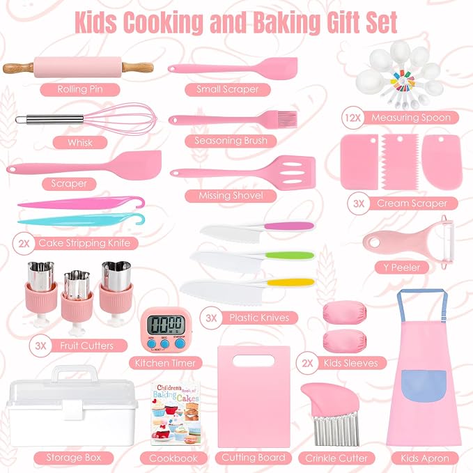 37PCS Kids Cooking Sets Real, Kids Cooking and Baking Gift Set with Storage Case Timer Kid Safe Knives Cutting Board, Toddler Real Kitchen Tools, Birthday Gifts for Girls Boys Age 3 - 8